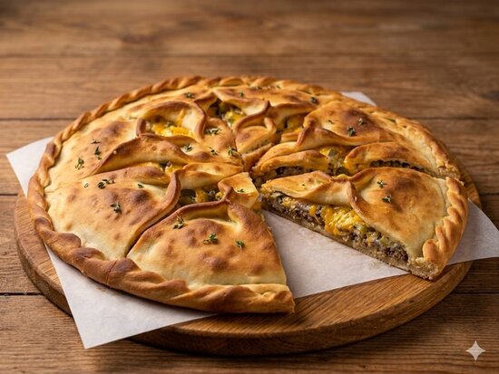 Фирменный пирог с говядиной, сыром чеддер и солеными огурчиками